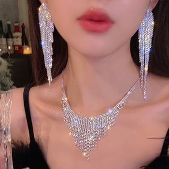 Fülbevaló és nyaklánc készlet rhinestone bojtokkal, elektroplatinált, szabályos lánccal, rhinestone medállal; minták: Szív, Vízcsepp, Harang