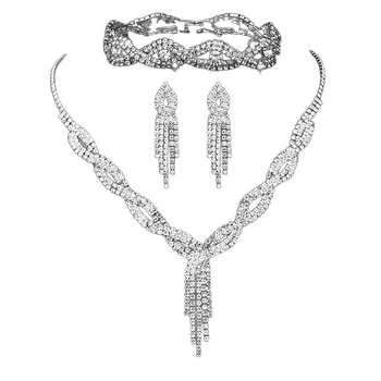 Esküvői ékszerszett: nyaklánc és fülbevaló rhinestone kövekkel, kulcscsont-alakú lánccal, növény és virág mintás, könnyed luxus stílus