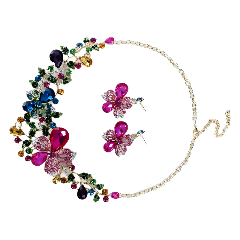 Set ogrlice i naušnica, cvjetno-etnički stil, zlatni materijal, klavikularni lanac, privjesak od legure s kamencima