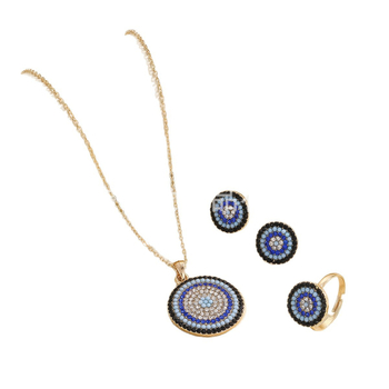 Démon Szem motívumú ékszerszett — rhinestone kövek, elektroplatina bevonat, tartalmaz fülbevalókat, nyakláncot és karkötőt, O-alakú lánccal
