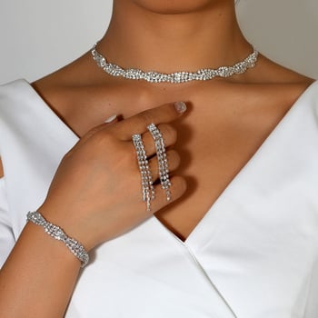 Rhinestone ékszerszett, 3 részes: fülbevaló + nyaklánc + további ékszer, elektroplatírozás, szabályos lánc, 2024 tavasz