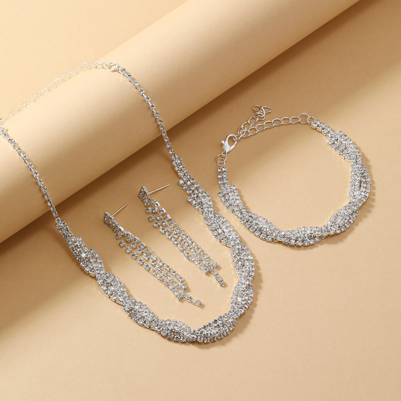 Rhinestone ékszerszett, 3 részes: fülbevaló + nyaklánc + további ékszer, elektroplatírozás, szabályos lánc, 2024 tavasz