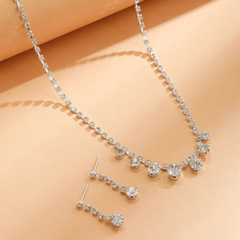 Esküvői rhinestone nyaklánc és fülbevaló készlet, szabályos lánc, elektroplattázott felület, koreai stílus, medálok: szív, csepp, harang