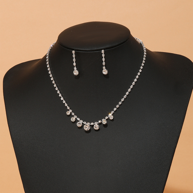 Esküvői rhinestone nyaklánc és fülbevaló készlet, szabályos lánc, elektroplattázott felület, koreai stílus, medálok: szív, csepp, harang