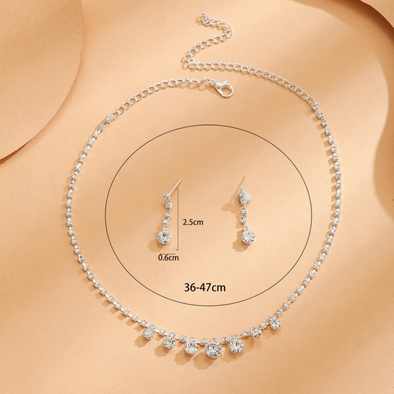 Esküvői rhinestone nyaklánc és fülbevaló készlet, szabályos lánc, elektroplattázott felület, koreai stílus, medálok: szív, csepp, harang