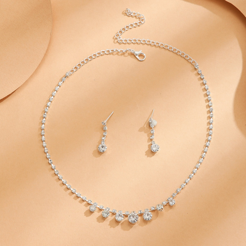 Esküvői rhinestone nyaklánc és fülbevaló készlet, szabályos lánc, elektroplattázott felület, koreai stílus, medálok: szív, csepp, harang