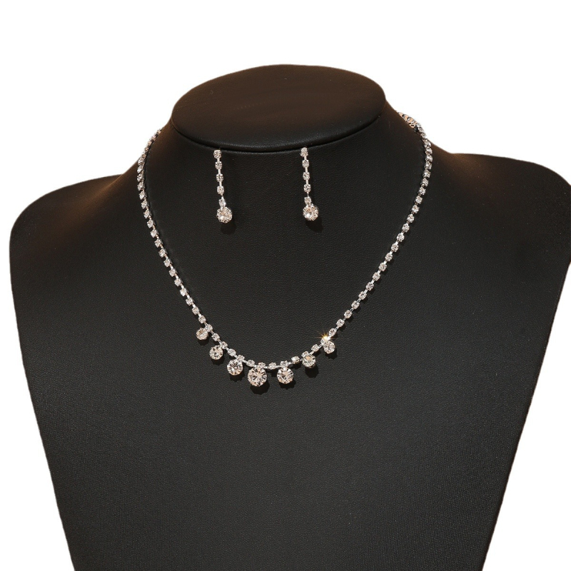 Esküvői rhinestone nyaklánc és fülbevaló készlet, szabályos lánc, elektroplattázott felület, koreai stílus, medálok: szív, csepp, harang