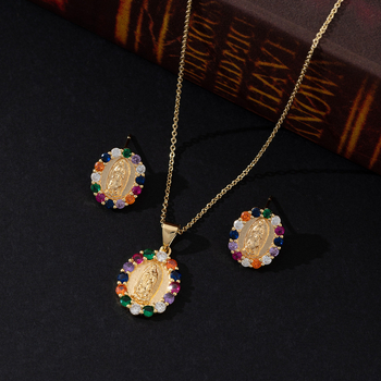 Réz mikroinlay medálos nyaklánc és fülbevaló szett, Boldog Szűz Mária, O-lánccal