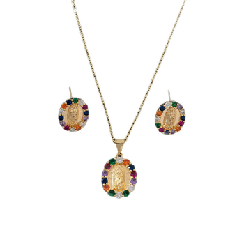 Réz mikroinlay medálos nyaklánc és fülbevaló szett, Boldog Szűz Mária, O-lánccal