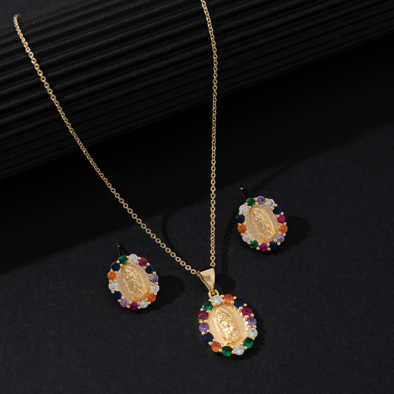 Réz mikroinlay medálos nyaklánc és fülbevaló szett, Boldog Szűz Mária, O-lánccal