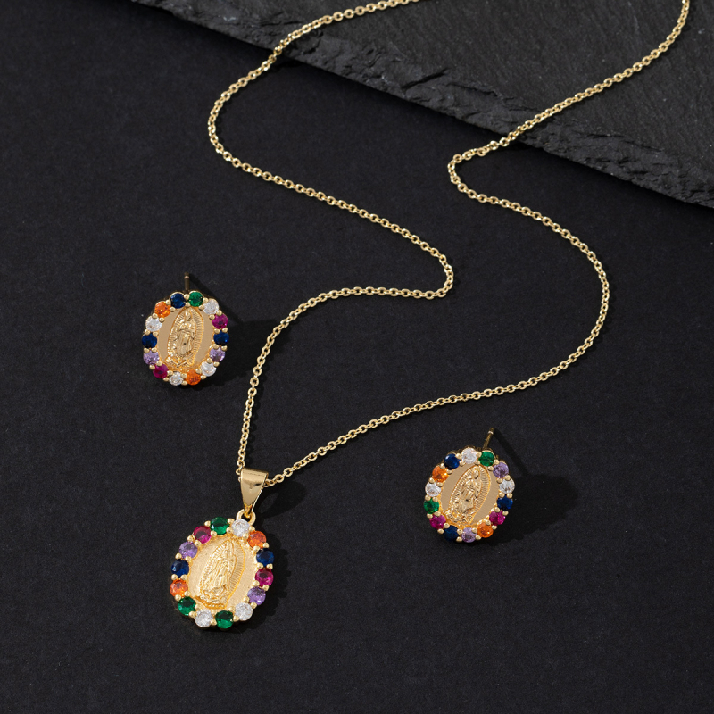 Réz mikroinlay medálos nyaklánc és fülbevaló szett, Boldog Szűz Mária, O-lánccal