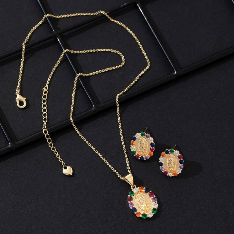 Réz mikroinlay medálos nyaklánc és fülbevaló szett, Boldog Szűz Mária, O-lánccal