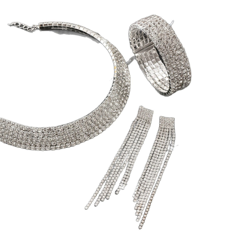 Ženski set nakita od bakra s rhinestones: choker ogrlica, narukvica i naušnice s rhinestones; uzorak zvijezda/sunce i mjesec/oblaci/vesmír