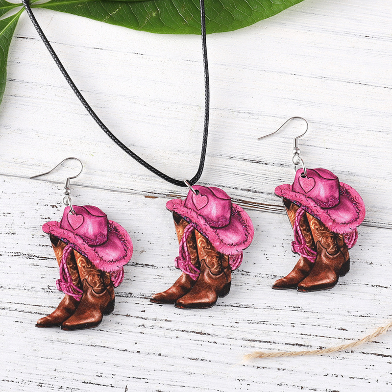 Set de bijuterii din lemn cu cercei și colier, stil Western, tăiere-imprimare, toamnă 2024