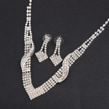 Set colier și cercei cu rhinestones — design val, lanț șarpe, bijuterii de nuntă, vară 2021 (Material: Rhinestone; Set: Colier + Cercei; Lanț: Șarpe; An/Sezon: Vara 2021)