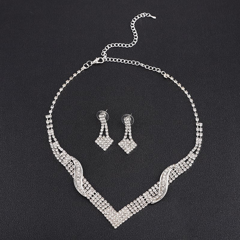 Set colier și cercei cu rhinestones — design val, lanț șarpe, bijuterii de nuntă, vară 2021 (Material: Rhinestone; Set: Colier + Cercei; Lanț: Șarpe; An/Sezon: Vara 2021)