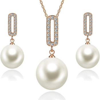 Set cercei și colier cu perlă artificială, încrustat cu diamante, pandantiv din aliaj, forme inimă/picătură/clopot