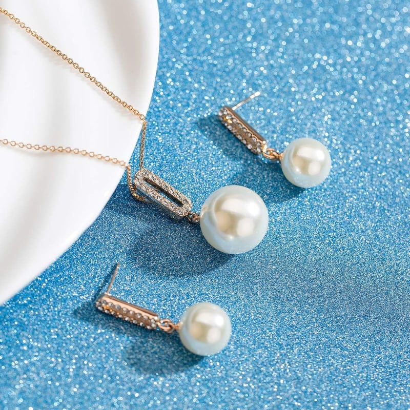 Set cercei și colier cu perlă artificială, încrustat cu diamante, pandantiv din aliaj, forme inimă/picătură/clopot