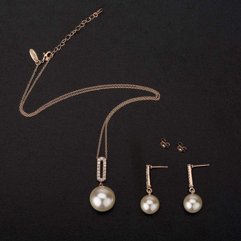 Set cercei și colier cu perlă artificială, încrustat cu diamante, pandantiv din aliaj, forme inimă/picătură/clopot