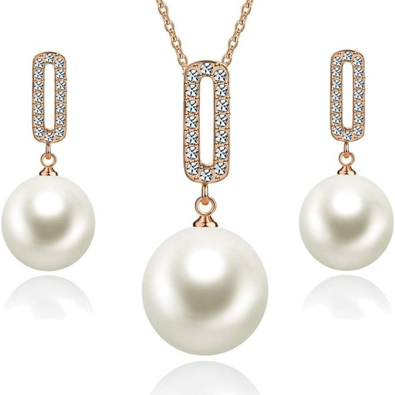 Set cercei și colier cu perlă artificială, încrustat cu diamante, pandantiv din aliaj, forme inimă/picătură/clopot