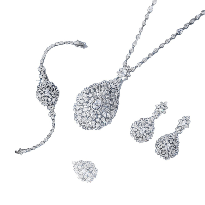 Диамантен комплект бижута: обици, колие и гривна; медна основа с цирконови висулки; електроплакиране; оригинален дизайн Bride Talk