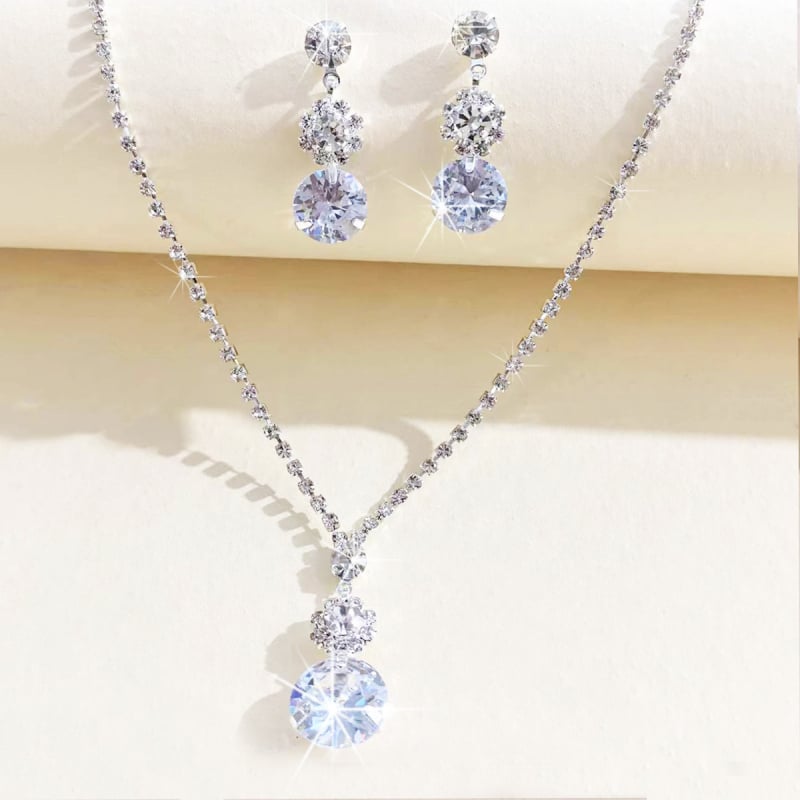 Set de bijuterii din cupru cu strasuri – cercei și colier, electroplacat, pandantiv din cristal artificial, lanț standard, stil proaspăt și dulce, primăvara 2024