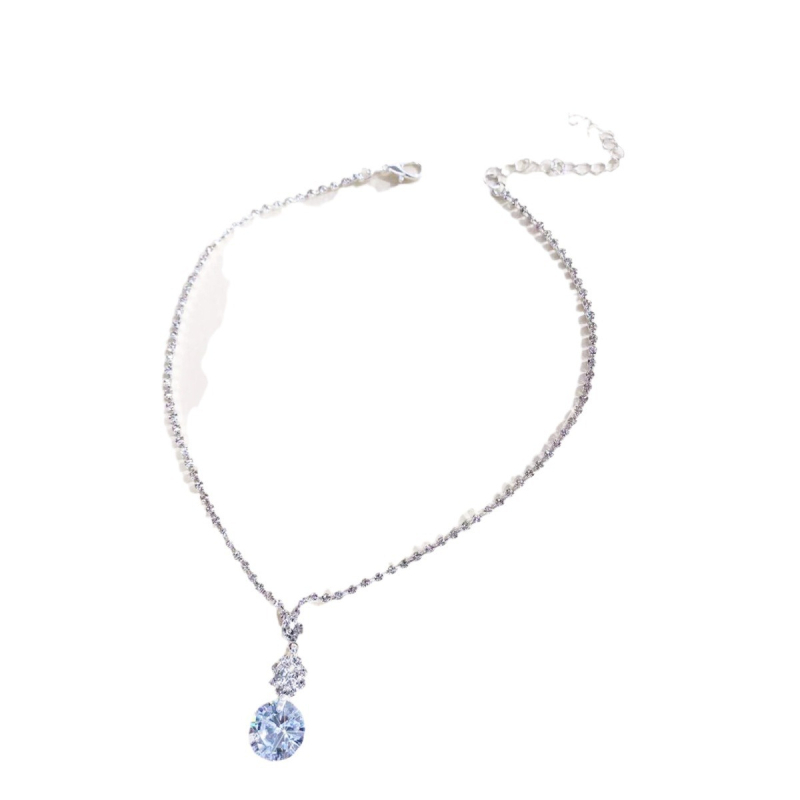 Set de bijuterii din cupru cu strasuri – cercei și colier, electroplacat, pandantiv din cristal artificial, lanț standard, stil proaspăt și dulce, primăvara 2024