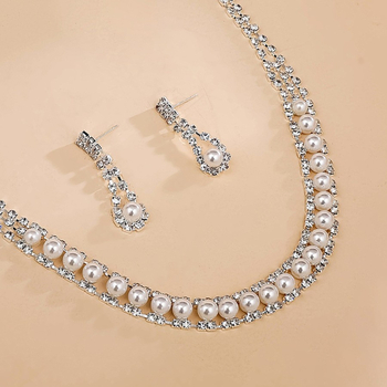 Set de cercei și colier cu perle artificiale, pandantiv din stras, motiv flori și plante