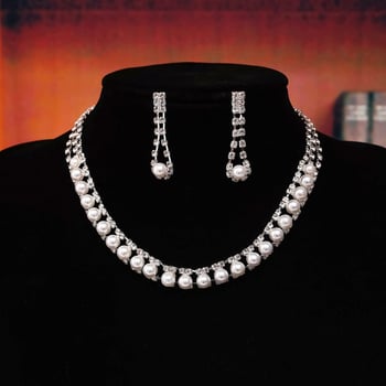 Set de cercei și colier cu perle artificiale, pandantiv din stras, motiv flori și plante