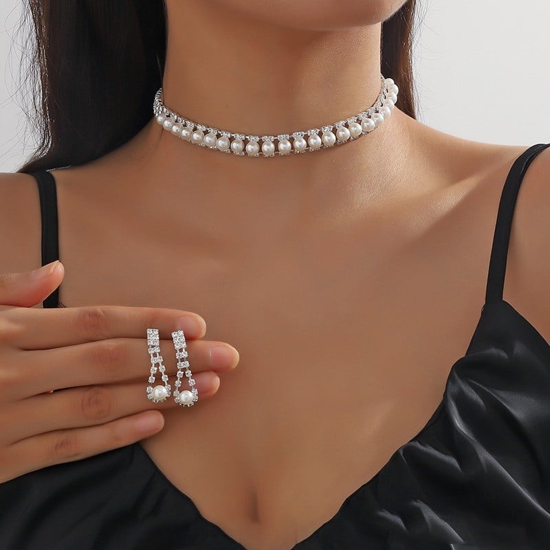 Set de cercei și colier cu perle artificiale, pandantiv din stras, motiv flori și plante