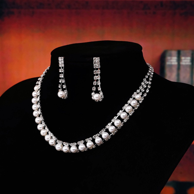 Set de cercei și colier cu perle artificiale, pandantiv din stras, motiv flori și plante