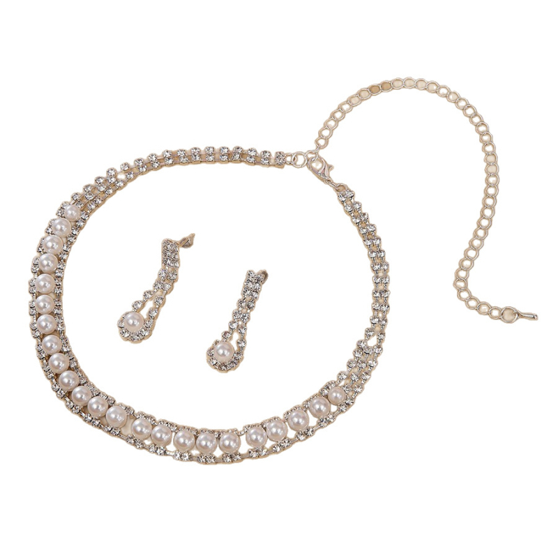 Set de cercei și colier cu perle artificiale, pandantiv din stras, motiv flori și plante