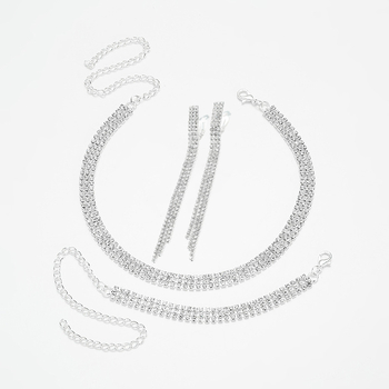 Háromsoros strasszos ékszerszett: nyaklánc, fülbevaló és karkötő menyasszonyi kiegészítőkhöz, geometriai stílus, hullámlánc, többszintes, elektroplatált bevonat