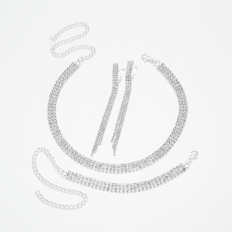 Háromsoros strasszos ékszerszett: nyaklánc, fülbevaló és karkötő menyasszonyi kiegészítőkhöz, geometriai stílus, hullámlánc, többszintes, elektroplatált bevonat