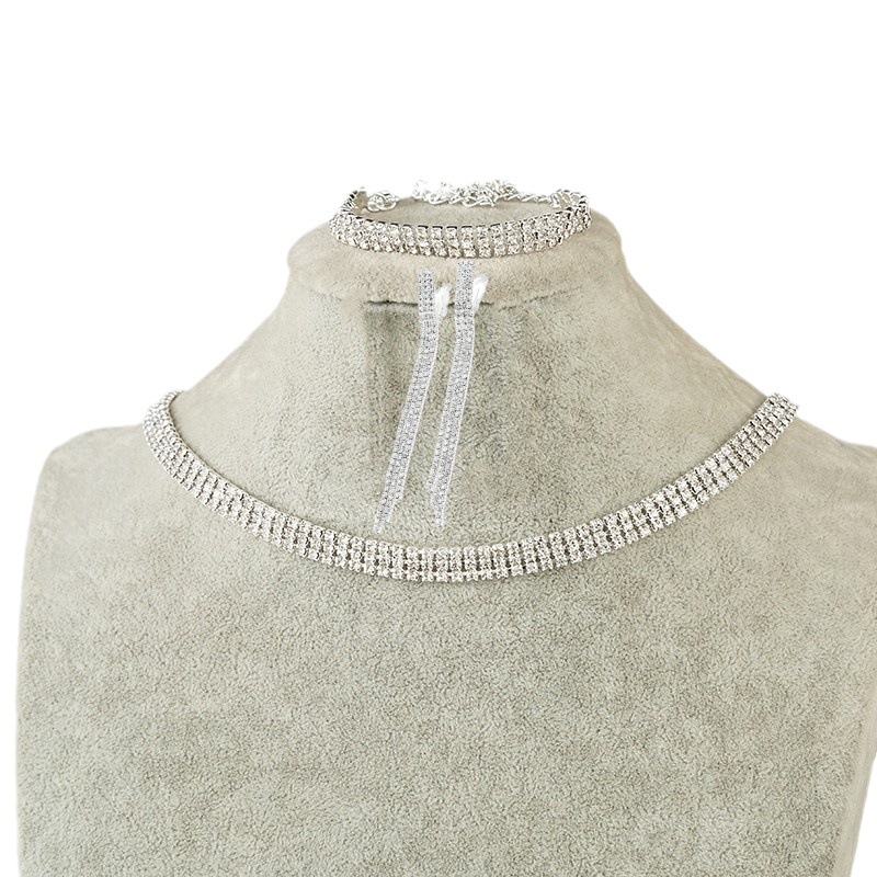 Háromsoros strasszos ékszerszett: nyaklánc, fülbevaló és karkötő menyasszonyi kiegészítőkhöz, geometriai stílus, hullámlánc, többszintes, elektroplatált bevonat