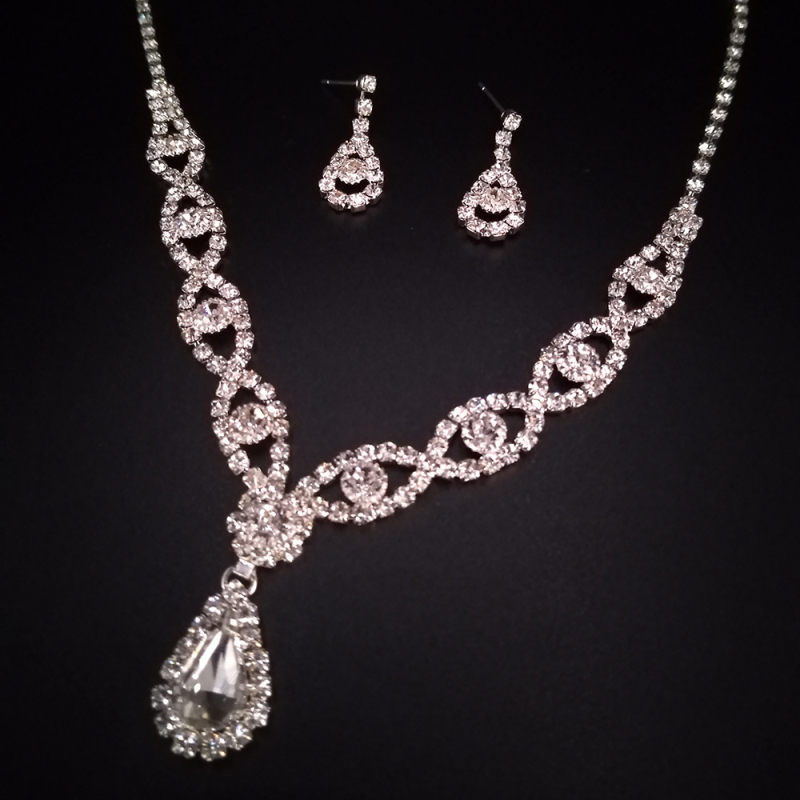 Set Colier și Cercei cu Pandantiv Picătură de Apă, Cristale, Placare cu Argint, Lanț Șarpe