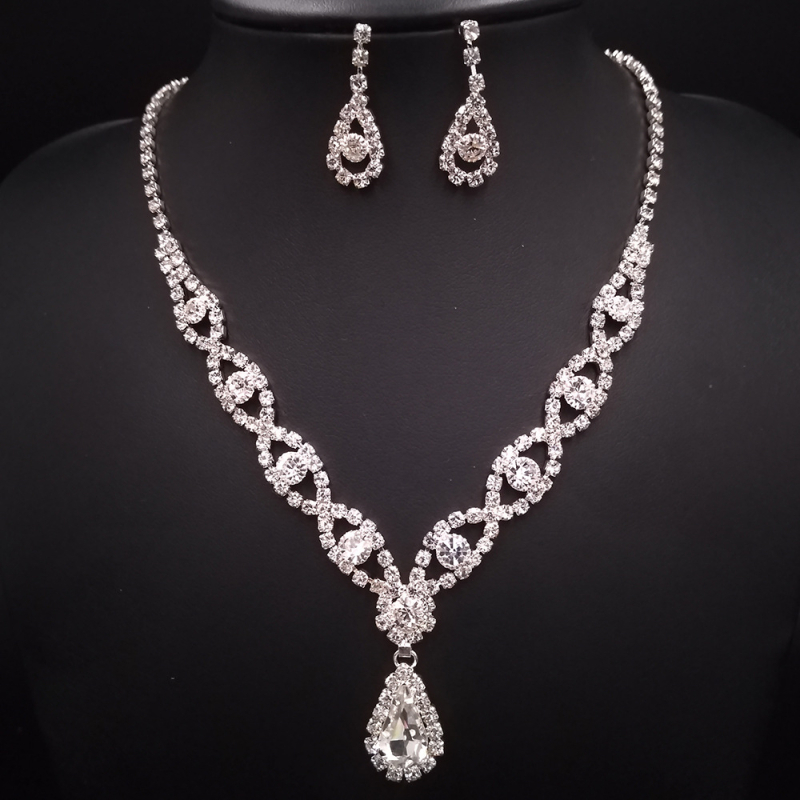Set Colier și Cercei cu Pandantiv Picătură de Apă, Cristale, Placare cu Argint, Lanț Șarpe