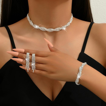 Set de bijuterii din rhinestones cu piatră de diamant, șnur cu ciucuri și lanț gheară – cercei, colier și accesorii pentru mână pentru femei; modele: inimă, picătură, clopot; lanț obișnuit; Primăvara 2024