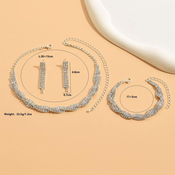 Set de bijuterii din rhinestones cu piatră de diamant, șnur cu ciucuri și lanț gheară – cercei, colier și accesorii pentru mână pentru femei; modele: inimă, picătură, clopot; lanț obișnuit; Primăvara 2024