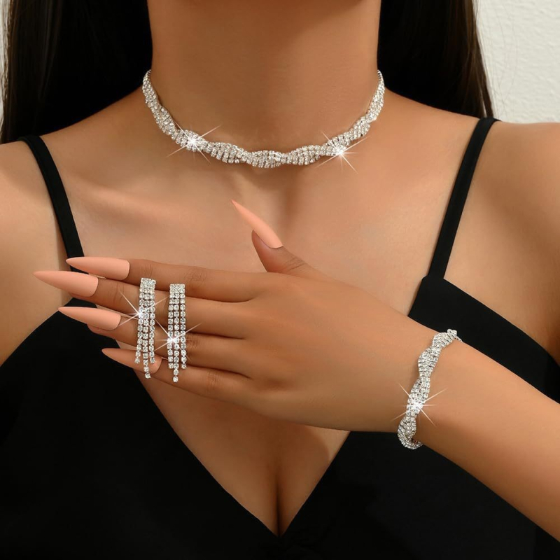Set de bijuterii din rhinestones cu piatră de diamant, șnur cu ciucuri și lanț gheară – cercei, colier și accesorii pentru mână pentru femei; modele: inimă, picătură, clopot; lanț obișnuit; Primăvara 2024