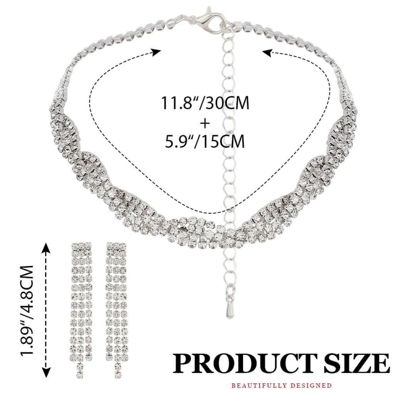 Set de bijuterii din rhinestones cu piatră de diamant, șnur cu ciucuri și lanț gheară – cercei, colier și accesorii pentru mână pentru femei; modele: inimă, picătură, clopot; lanț obișnuit; Primăvara 2024