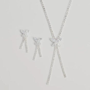 Set colier și cercei cu fluture – cristale, stil ușor lux, lanț standard, model fluture, placare electrochimică, colecția de iarnă 2024