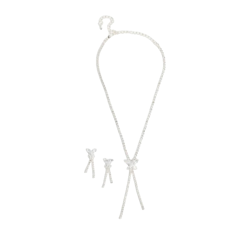 Set colier și cercei cu fluture – cristale, stil ușor lux, lanț standard, model fluture, placare electrochimică, colecția de iarnă 2024