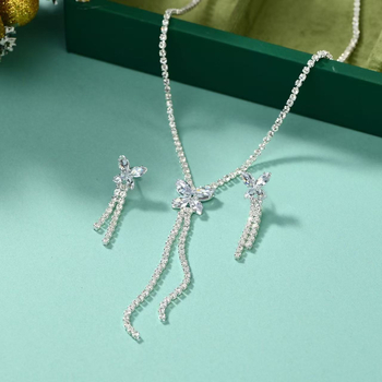 Set ogrlice i naušnica s cirkonima, leptir resica, oblik U, bambusni lanac, višeslojni, duljina 31–40 cm, korejski stil