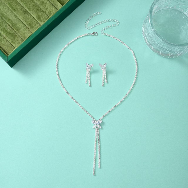 Set ogrlice i naušnica s cirkonima, leptir resica, oblik U, bambusni lanac, višeslojni, duljina 31–40 cm, korejski stil