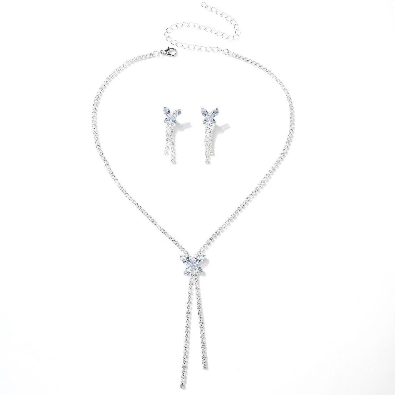 Set ogrlice i naušnica s cirkonima, leptir resica, oblik U, bambusni lanac, višeslojni, duljina 31–40 cm, korejski stil