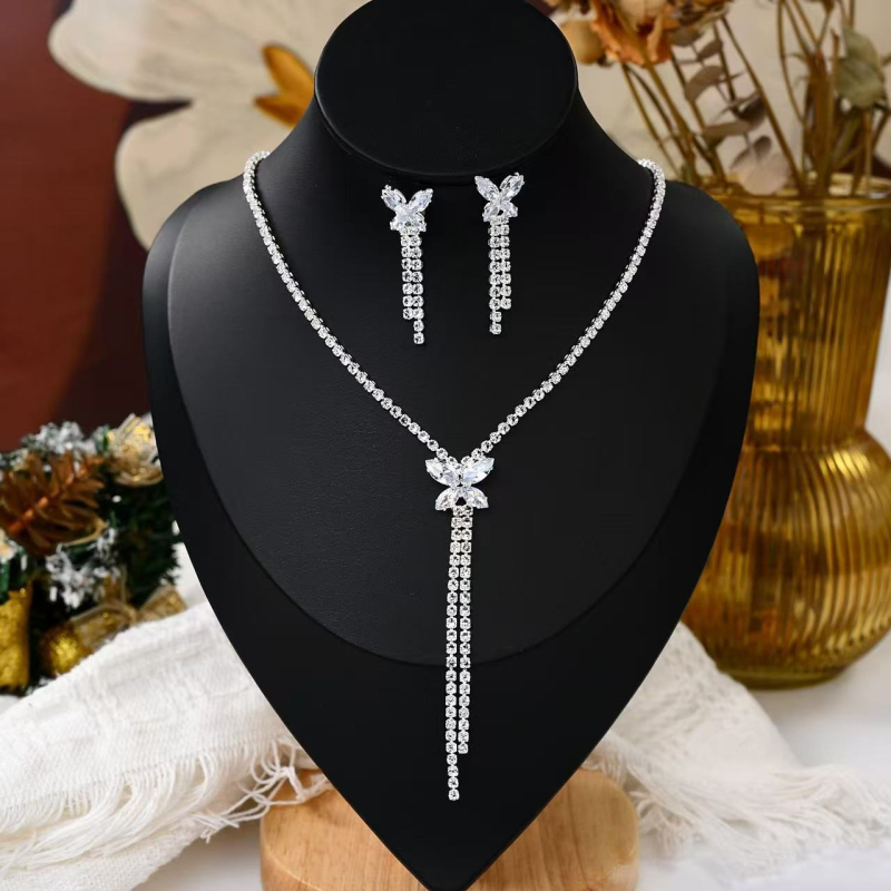 Set ogrlice i naušnica s cirkonima, leptir resica, oblik U, bambusni lanac, višeslojni, duljina 31–40 cm, korejski stil