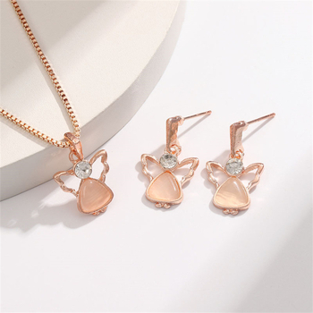 Set de bijuterii (colier și cercei) în stil european și american, cu piatră ochi de pisică, cristale, aripi de înger și model floral vegetal; aliaj, finisaj diamant, lanț box.