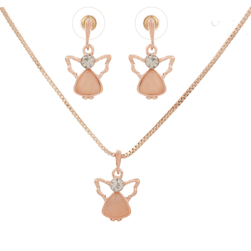 Set de bijuterii (colier și cercei) în stil european și american, cu piatră ochi de pisică, cristale, aripi de înger și model floral vegetal; aliaj, finisaj diamant, lanț box.