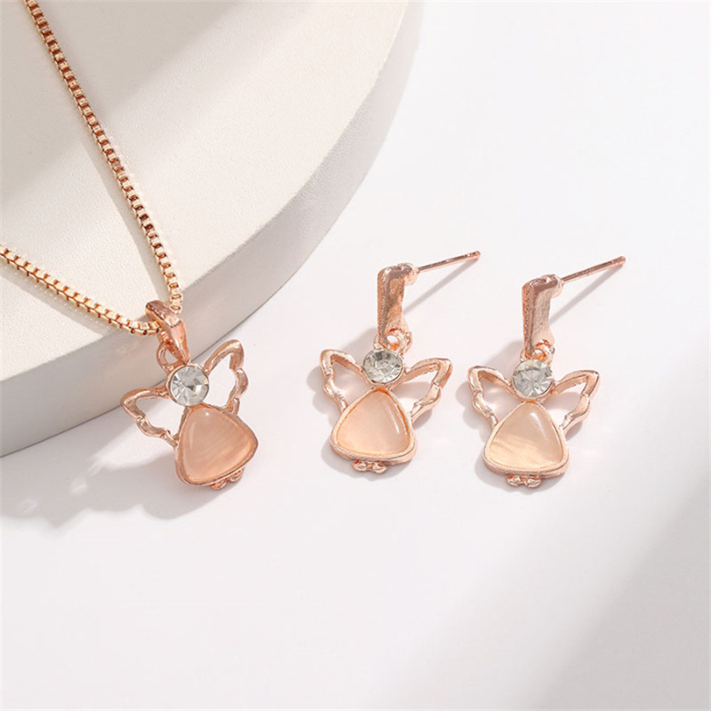 Set de bijuterii (colier și cercei) în stil european și american, cu piatră ochi de pisică, cristale, aripi de înger și model floral vegetal; aliaj, finisaj diamant, lanț box.